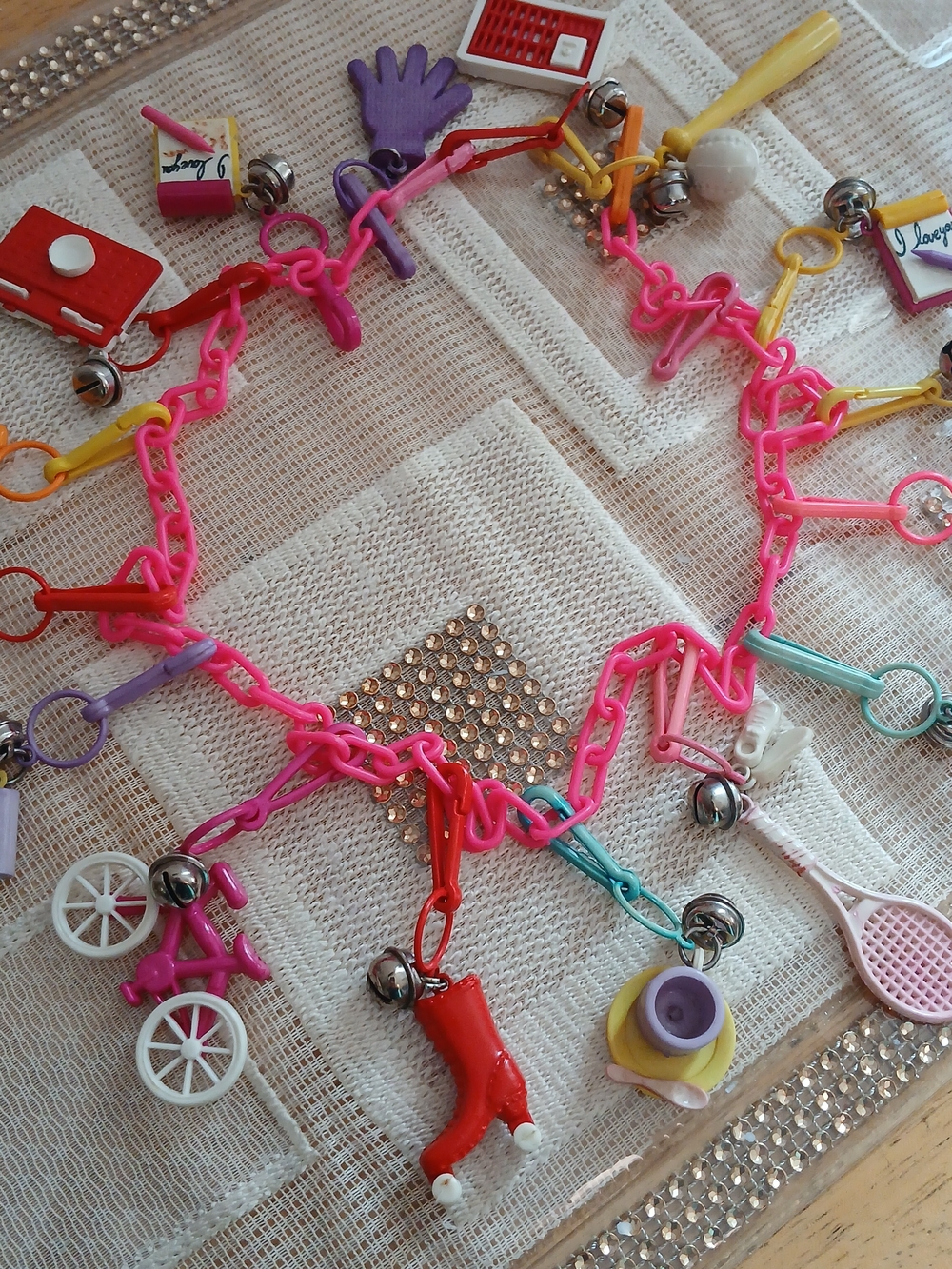 1980's Vintage Bell Charm  Necklace With 16 Charms Retro Bicycle, Bottle, Boot